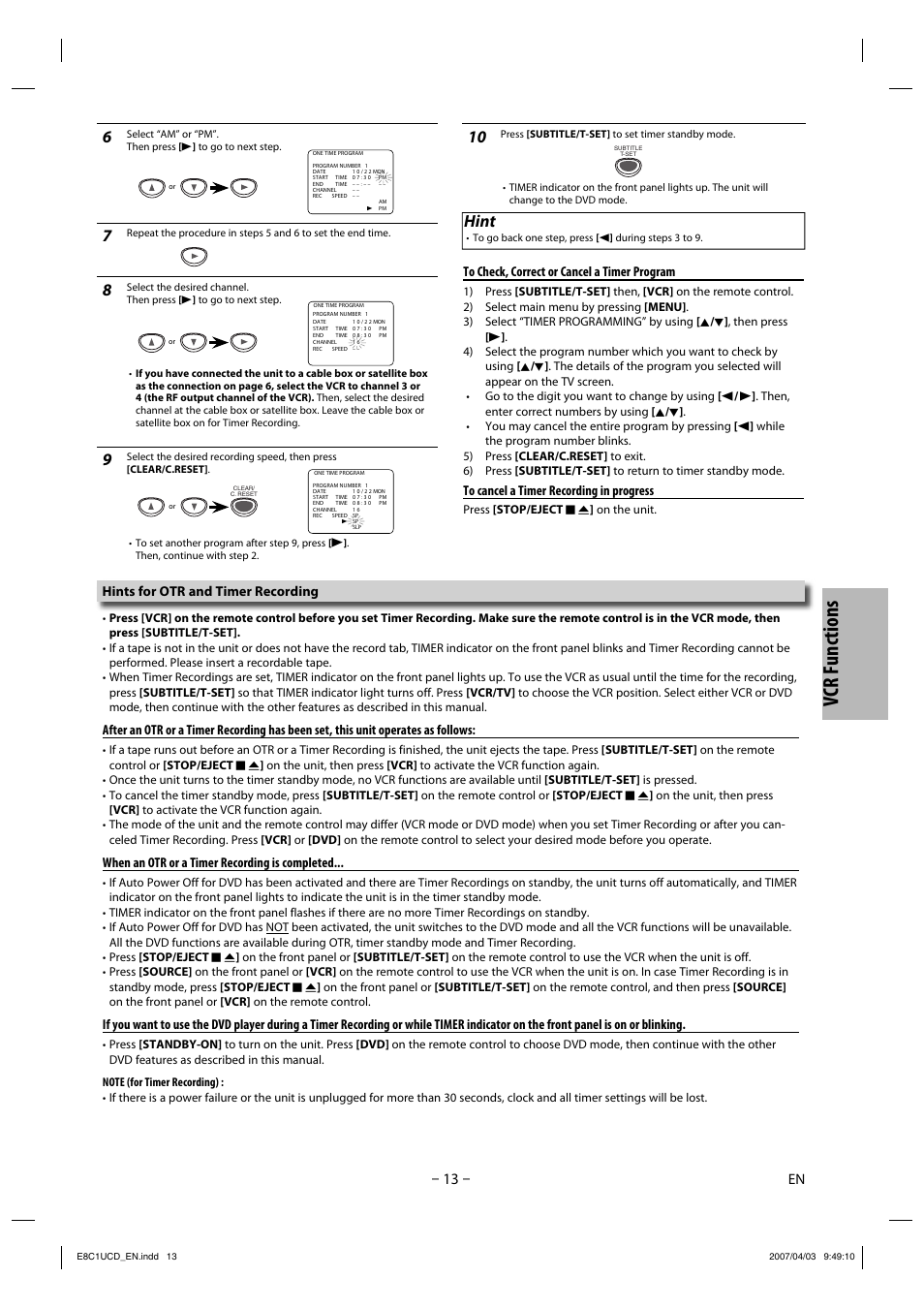 Vcr functions, Hint, Hints for otr and timer recording | When an otr or a timer recording is completed | FUNAI CDV210HH8 User Manual | Page 13 / 26