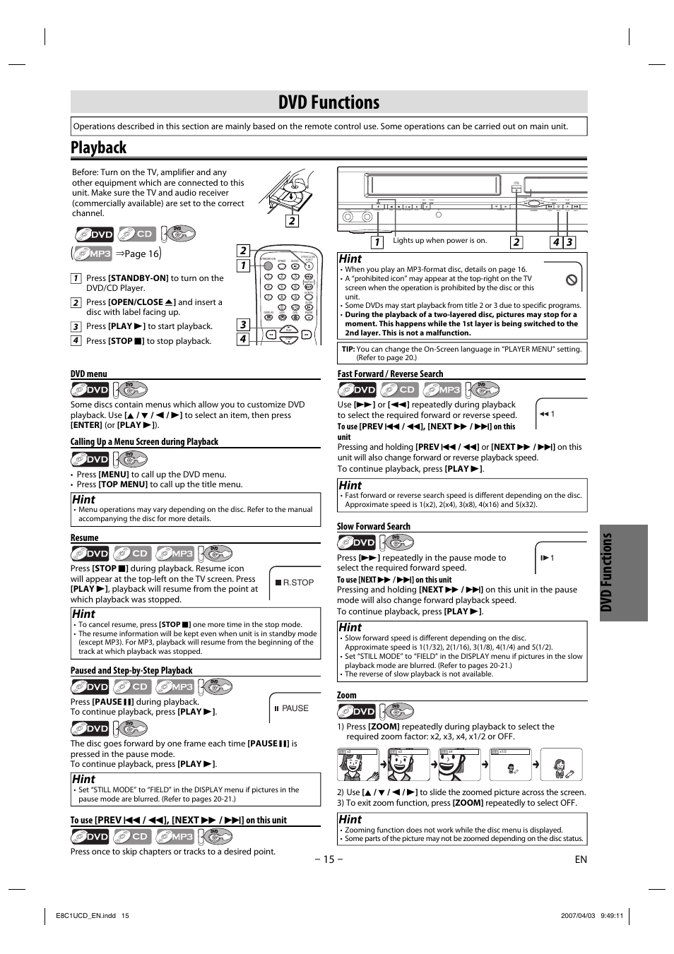 Playback, Dvd functions, Hint | Page 16, Resume, Slow forward search, Paused and step-by-step playback, Fast forward / reverse search, Zoom, Dvd menu | FUNAI CDV210HH8 User Manual | Page 15 / 26