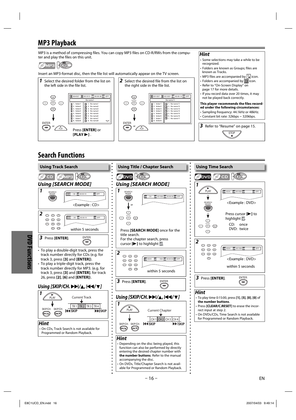 Search functions, Mp3 playback, Dvd functions | Using [search mode, Using [search mode] 1 2, Using [skip/ch. g/ / k , h / l, Using [skip/ch. g/ / k , h / l ] hint, Hint, Using time search, Using track search | FUNAI CDV210HH8 User Manual | Page 16 / 26