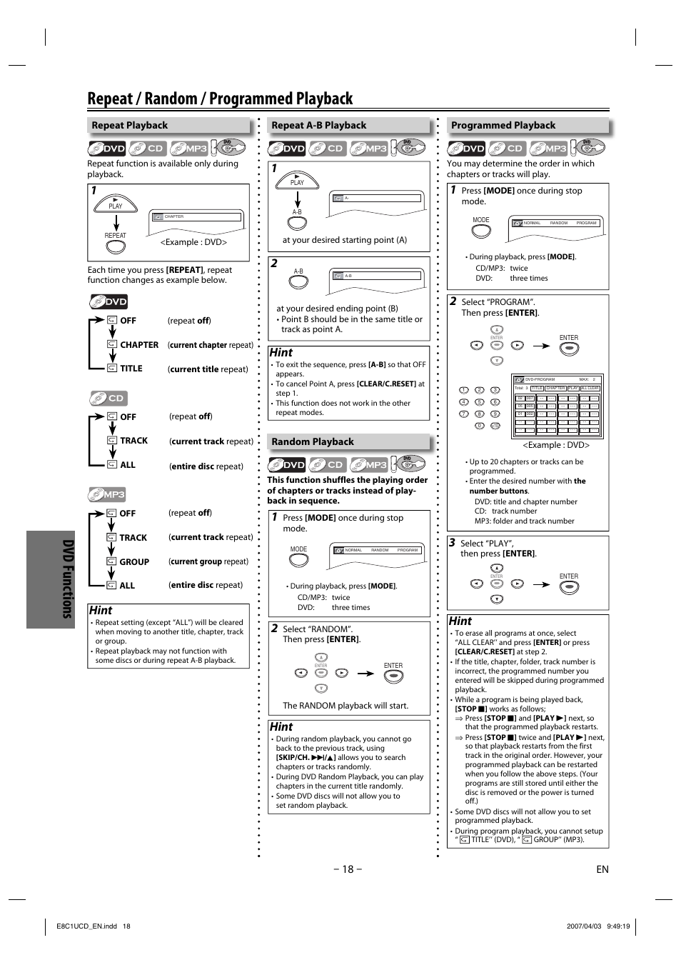 Repeat / random / programmed playback, Dvd functions, Hint | Repeat playback, Repeat a-b playback, Programmed playback, Random playback | FUNAI CDV210HH8 User Manual | Page 18 / 26