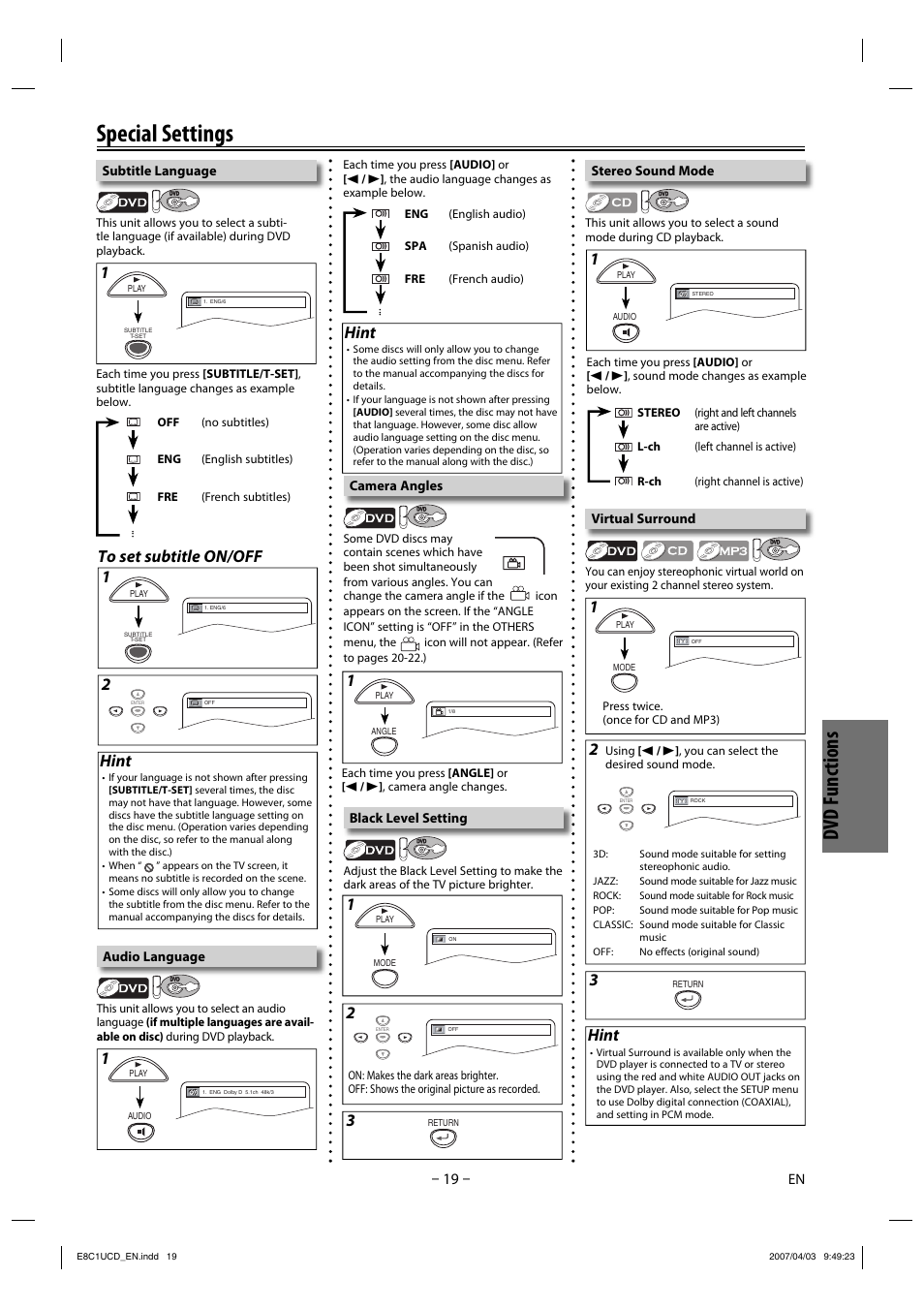 Special settings, Dvd functions, Hint | FUNAI CDV210HH8 User Manual | Page 19 / 26