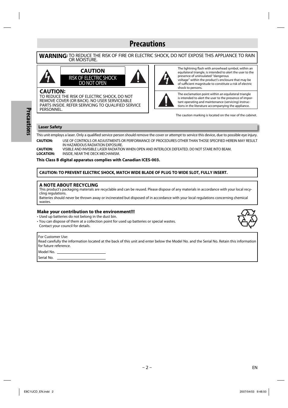 Precautions, Warning, Caution risk of electric shock do not open caution | FUNAI CDV210HH8 User Manual | Page 2 / 26