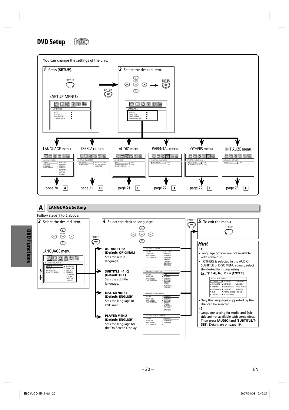 Dvd setup, Dvd functions, Hint | Language setting, Language menu audio menu display menu others menu, Language menu, Page 20, Page 21, Page 22, Parental menu page 22 | FUNAI CDV210HH8 User Manual | Page 20 / 26