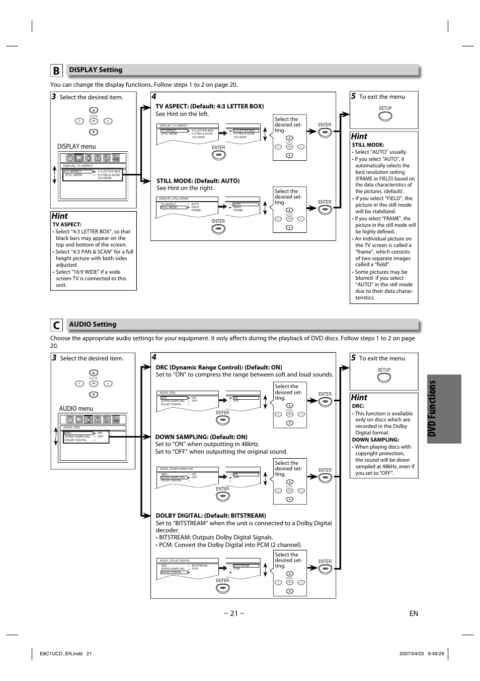 Dvd functions, Hint, Display menu | Audio menu, Display setting, Audio setting | FUNAI CDV210HH8 User Manual | Page 21 / 26