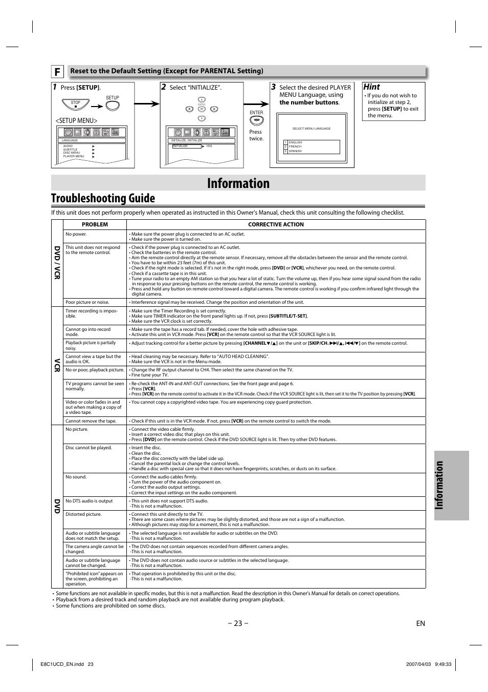 Troubleshooting guide, Information, Hint | Dvd / vcr, Setup menu | FUNAI CDV210HH8 User Manual | Page 23 / 26