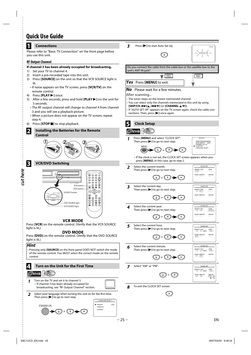 Quick use guide, Cut here, Hint | Vcr mode, Dvd mode, Rf output channel, Connections clock setup, Installing the batteries for the remote control, Subtitle t-set, Search mode | FUNAI CDV210HH8 User Manual | Page 25 / 26