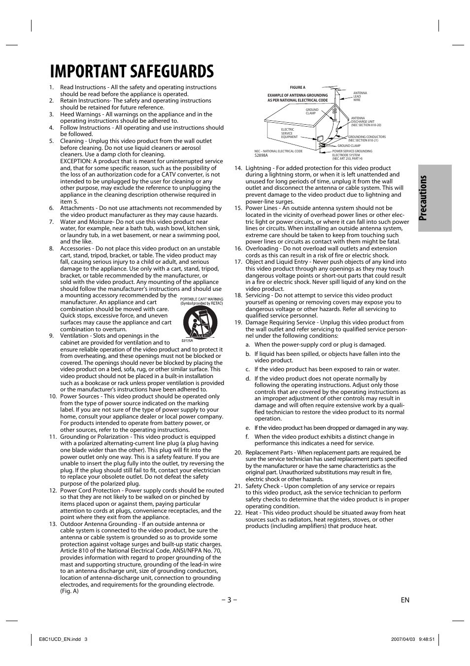 Important safeguards, Precautions | FUNAI CDV210HH8 User Manual | Page 3 / 26