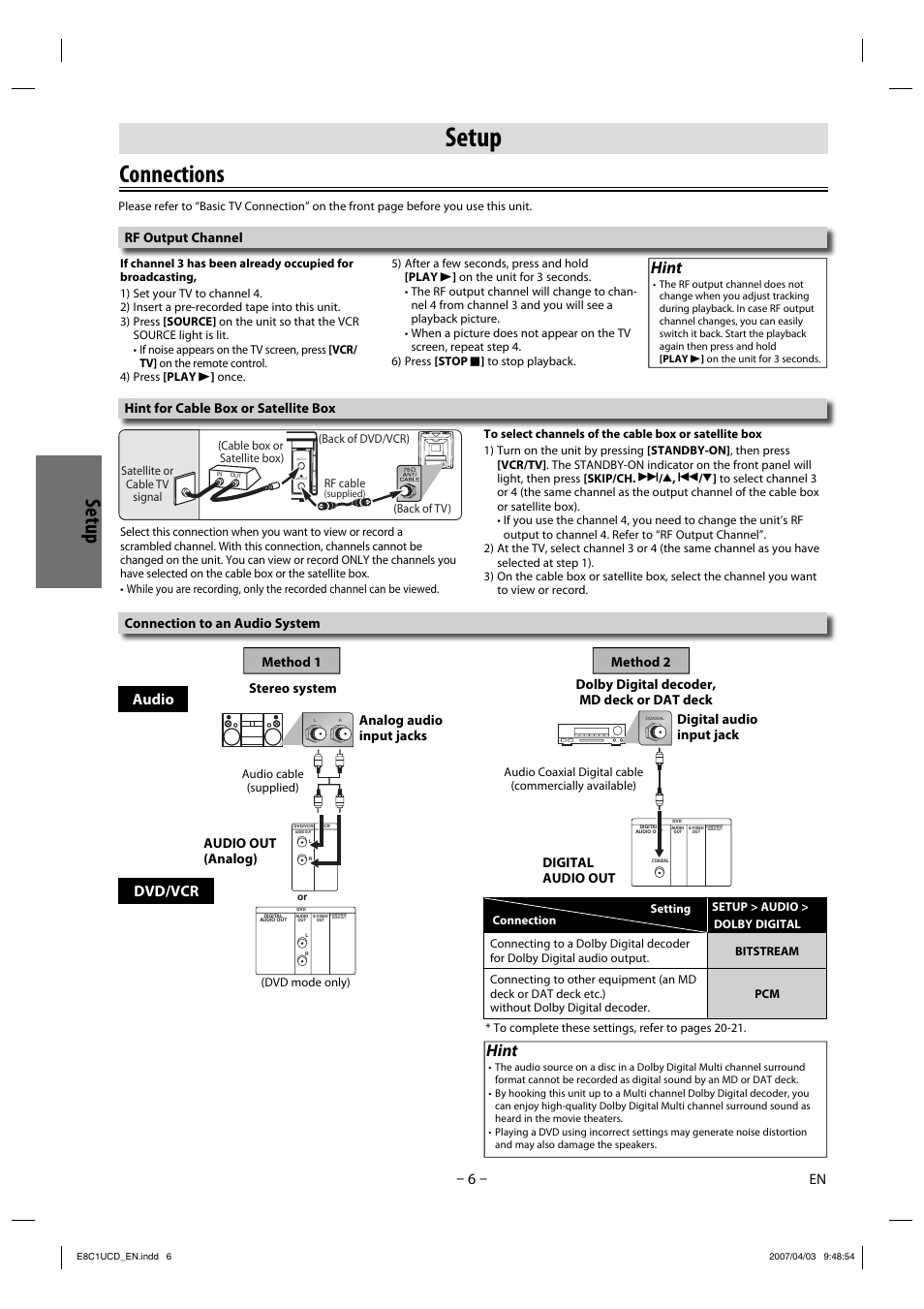 Connections, Setup, Hint | Audio dvd/vcr, Hint for cable box or satellite box, Digital audio input jack digital audio out, Rf output channel | FUNAI CDV210HH8 User Manual | Page 6 / 26