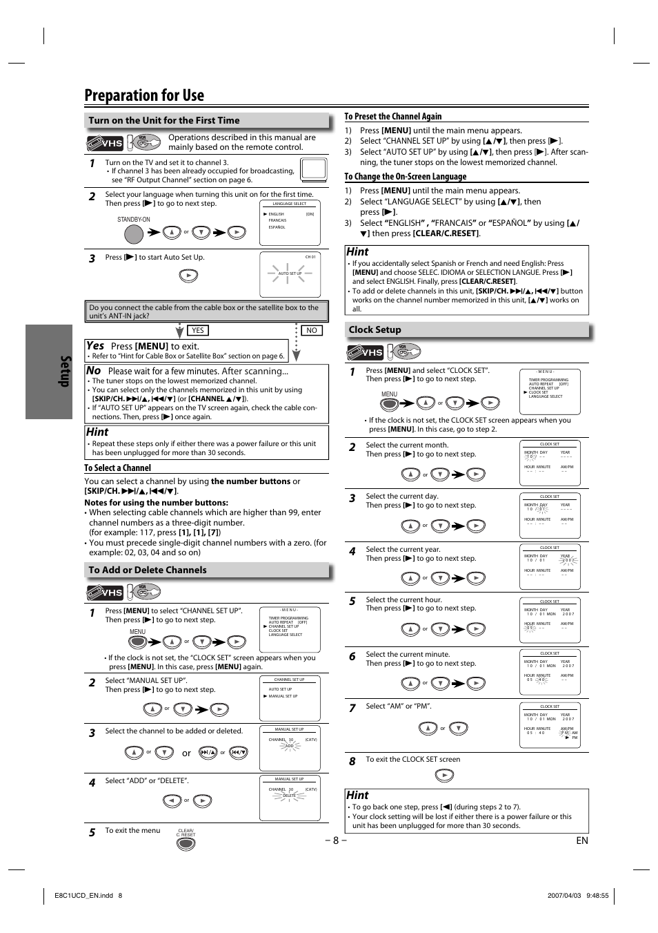Preparation for use, Setup, Hint | Please wait for a few minutes. after scanning, Press [menu] to exit, Turn on the unit for the first time, Clock setup | FUNAI CDV210HH8 User Manual | Page 8 / 26