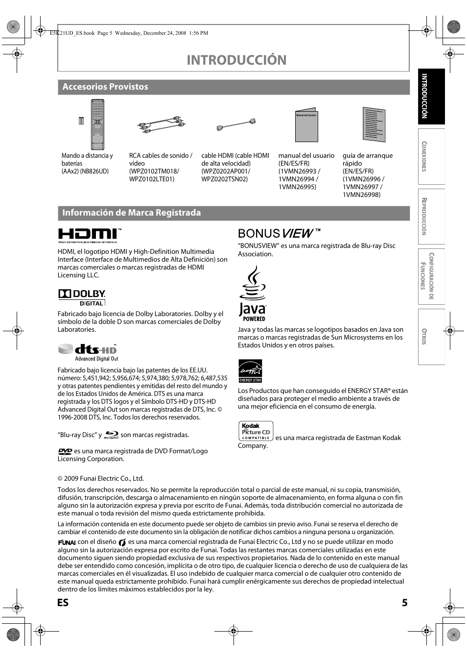 Introducción, Accesorios provistos, Información de marca registrada | FUNAI Blu-ray NB531MGX User Manual | Page 107 / 150