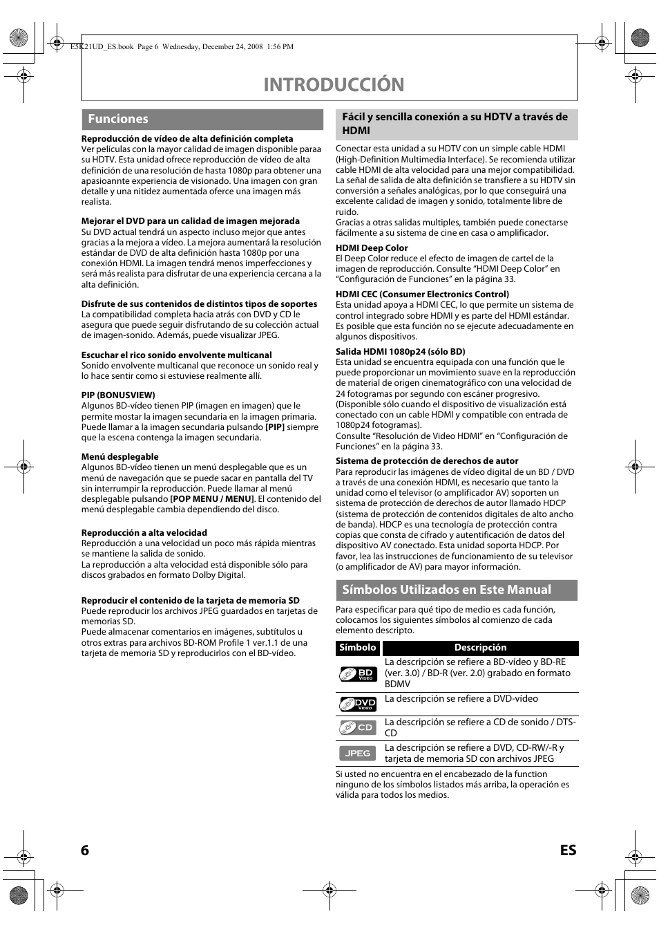 Funciones símbolos utilizados en este manual, Introducción, Funciones | Símbolos utilizados en este manual | FUNAI Blu-ray NB531MGX User Manual | Page 108 / 150