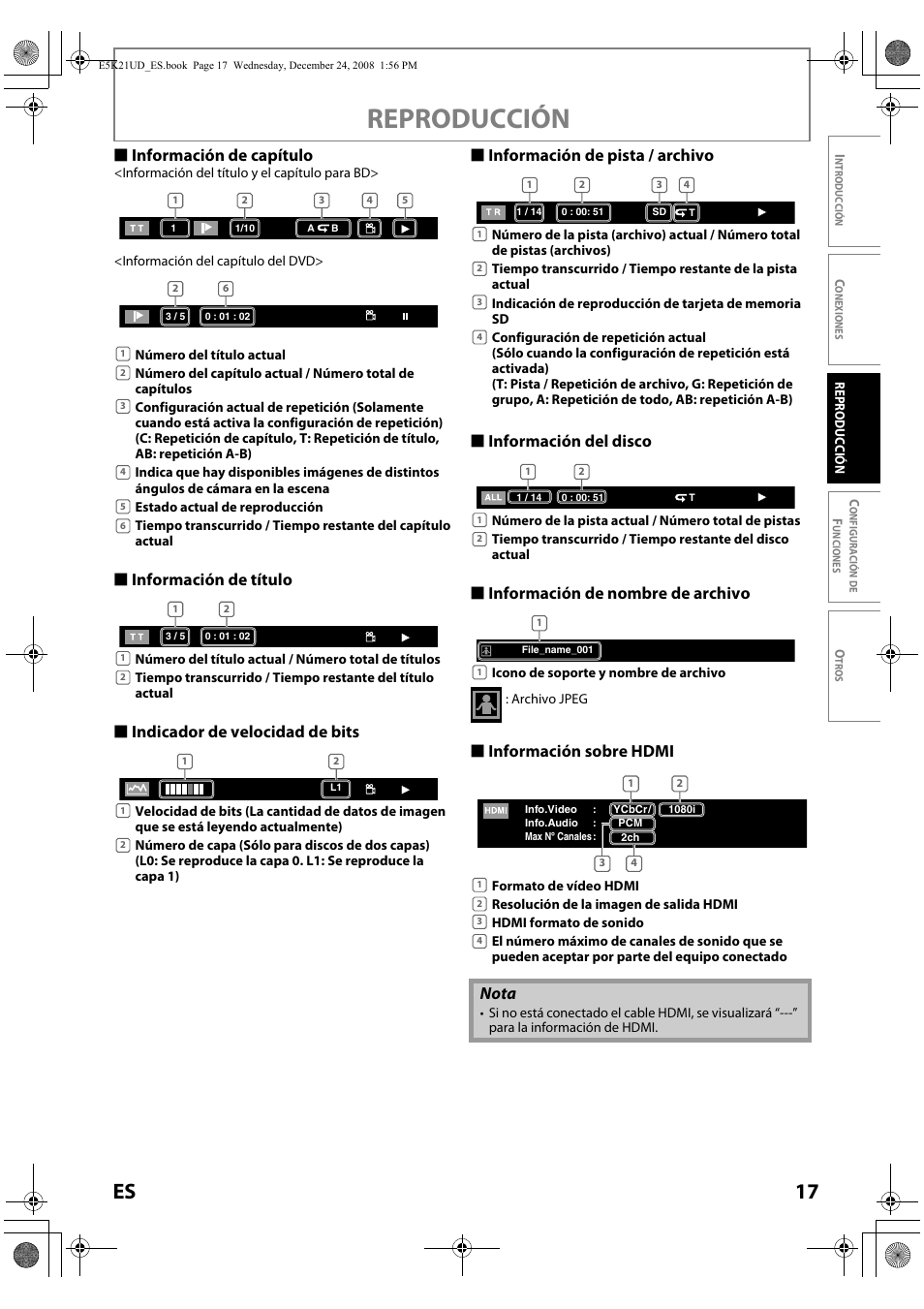 Reproducción, 17 es, S información de capítulo | S información sobre hdmi, Nota | FUNAI Blu-ray NB531MGX User Manual | Page 119 / 150