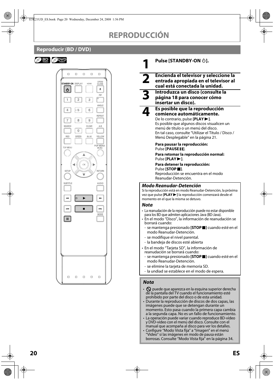 Reproducir (bd / dvd), Reproducción, 20 es | FUNAI Blu-ray NB531MGX User Manual | Page 122 / 150