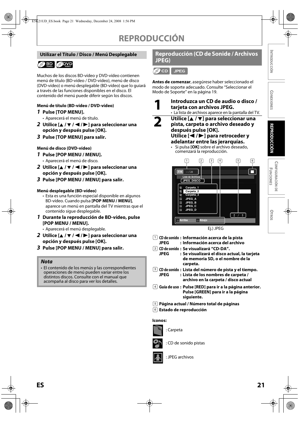 Reproducción (cd de sonide / archivos jpeg), Reproducción, 21 es | FUNAI Blu-ray NB531MGX User Manual | Page 123 / 150