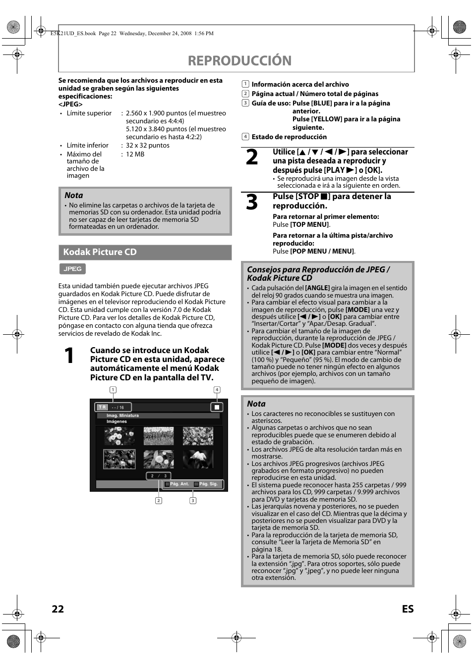 Kodak picture cd, Reproducción, 22 es | FUNAI Blu-ray NB531MGX User Manual | Page 124 / 150
