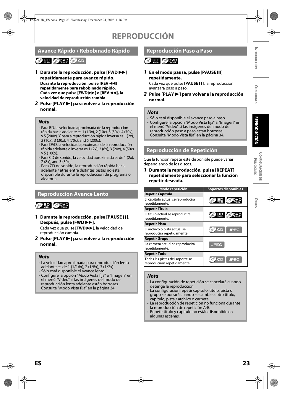 Reproducción, 23 es, Avance rápido / rebobinado rápido | Reproducción avance lento, Reproducción paso a paso, Reproducción de repetición | FUNAI Blu-ray NB531MGX User Manual | Page 125 / 150