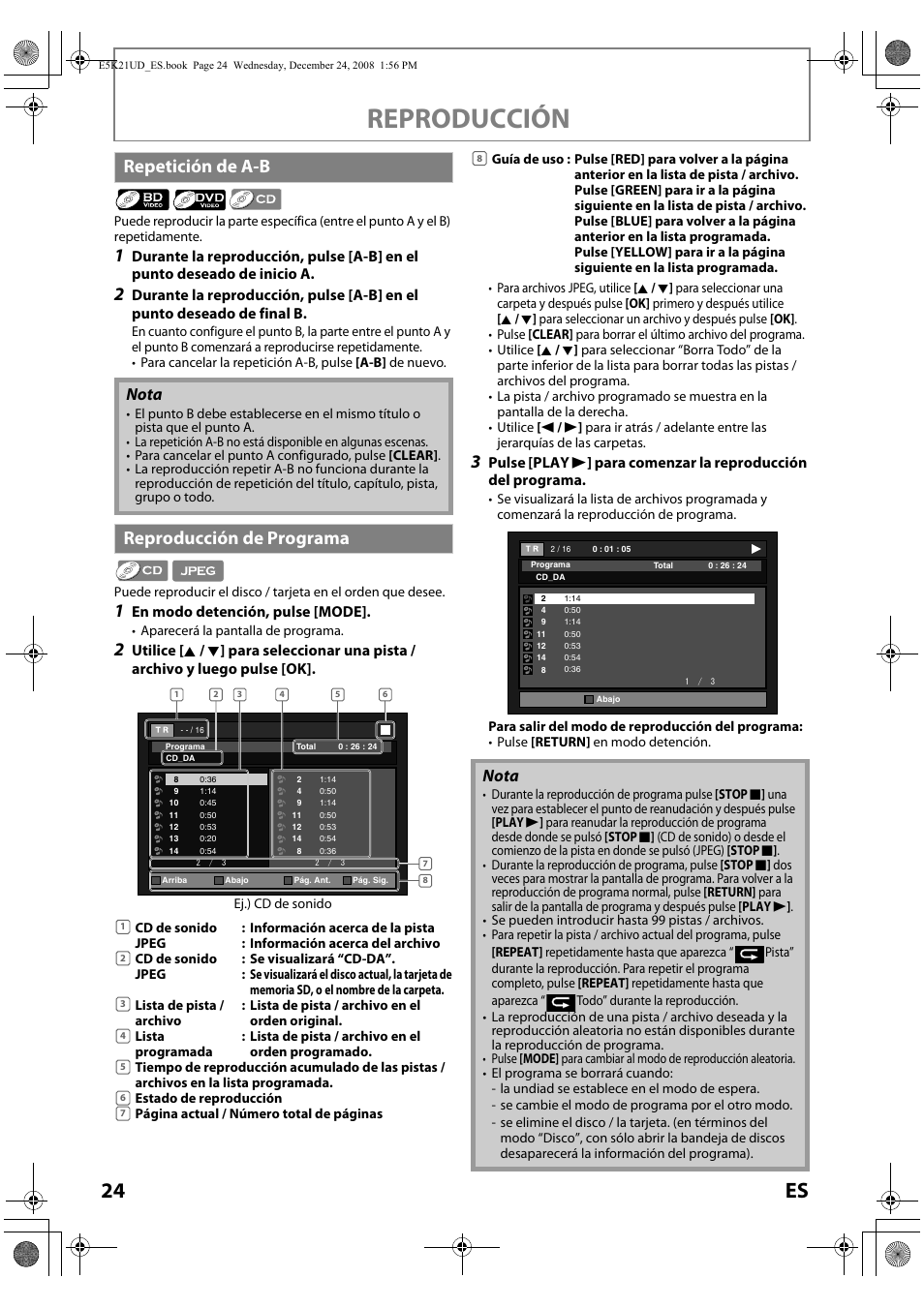 Repetición de a-b reproducción de programa, Reproducción, 24 es | Repetición de a-b, Reproducción de programa, Nota | FUNAI Blu-ray NB531MGX User Manual | Page 126 / 150