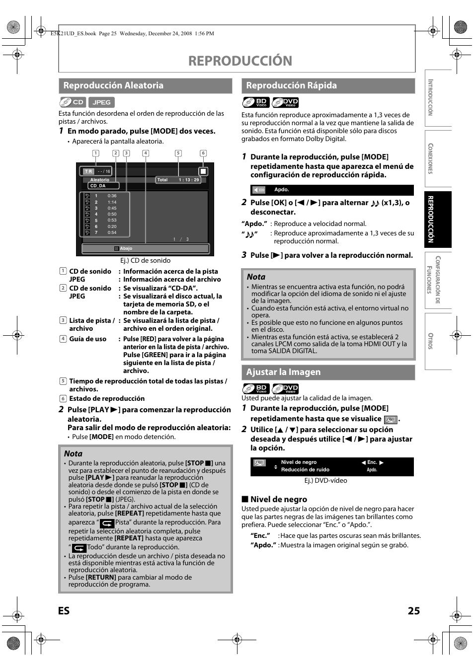 Reproducción, 25 es, Reproducción aleatoria | Reproducción rápida, Ajustar la imagen, S nivel de negro, Nota | FUNAI Blu-ray NB531MGX User Manual | Page 127 / 150