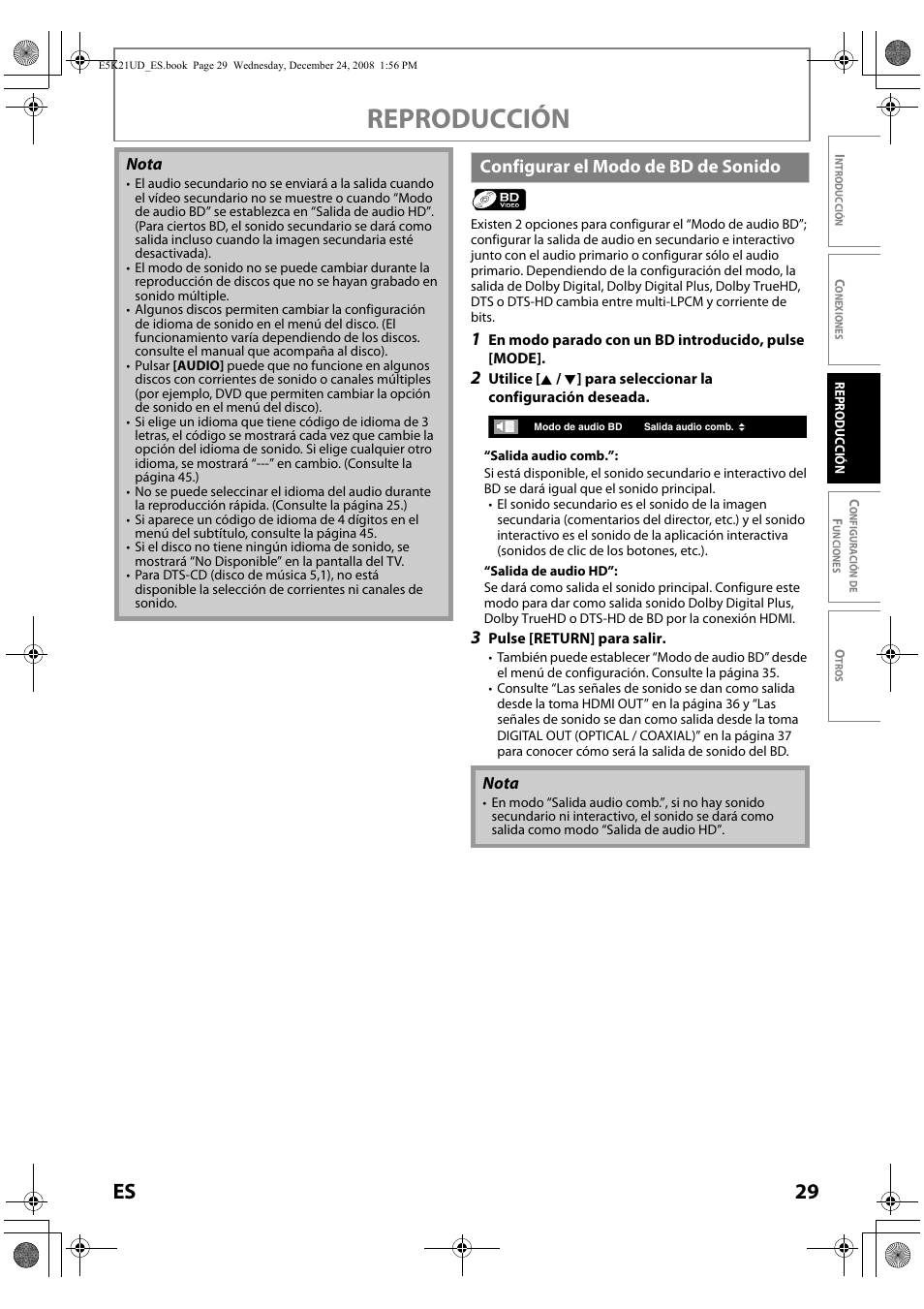 Configurar el modo de bd de sonido, Reproducción, 29 es | FUNAI Blu-ray NB531MGX User Manual | Page 131 / 150
