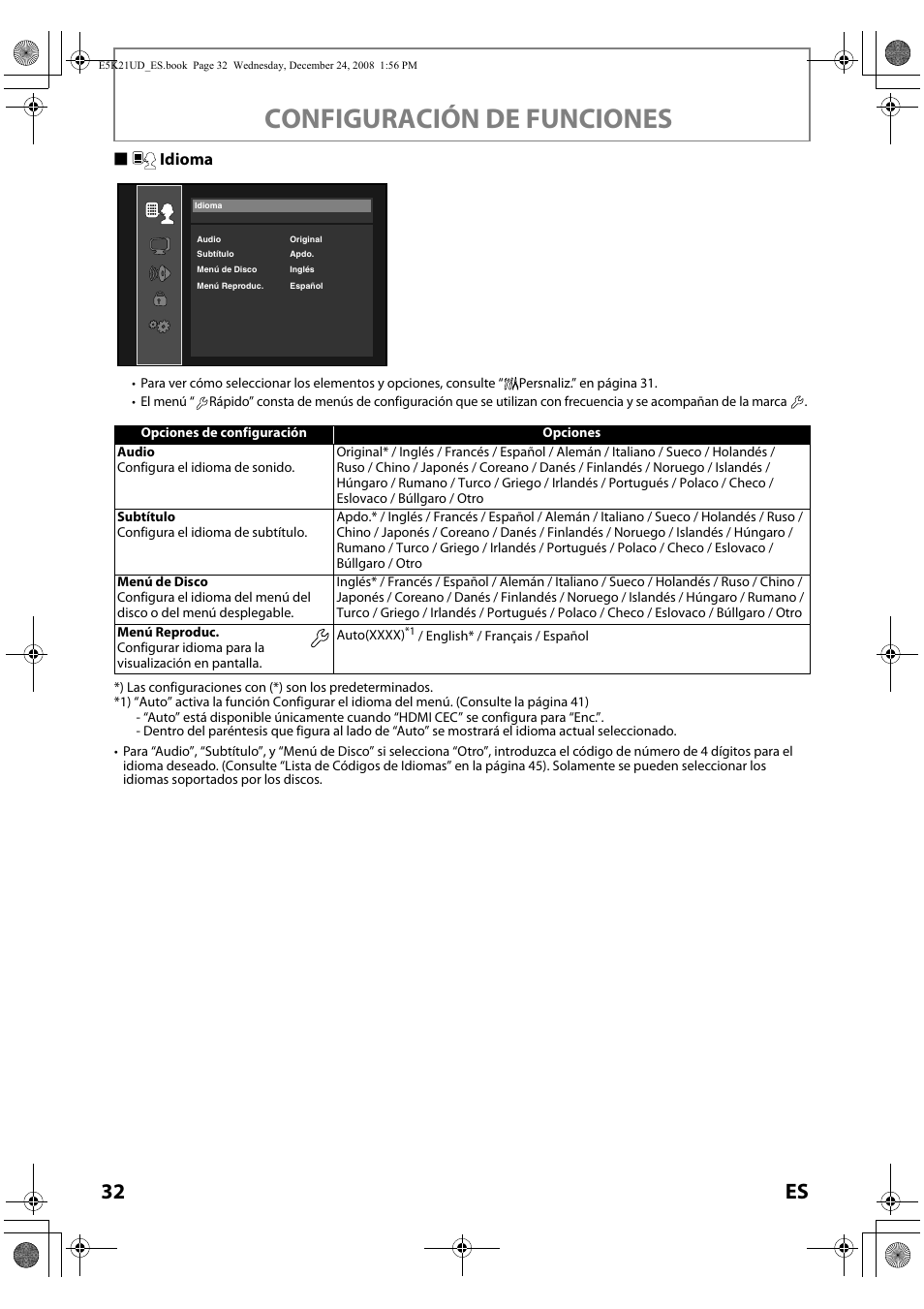 Idioma, Configuración de funciones, 32 es | Sidioma | FUNAI Blu-ray NB531MGX User Manual | Page 134 / 150