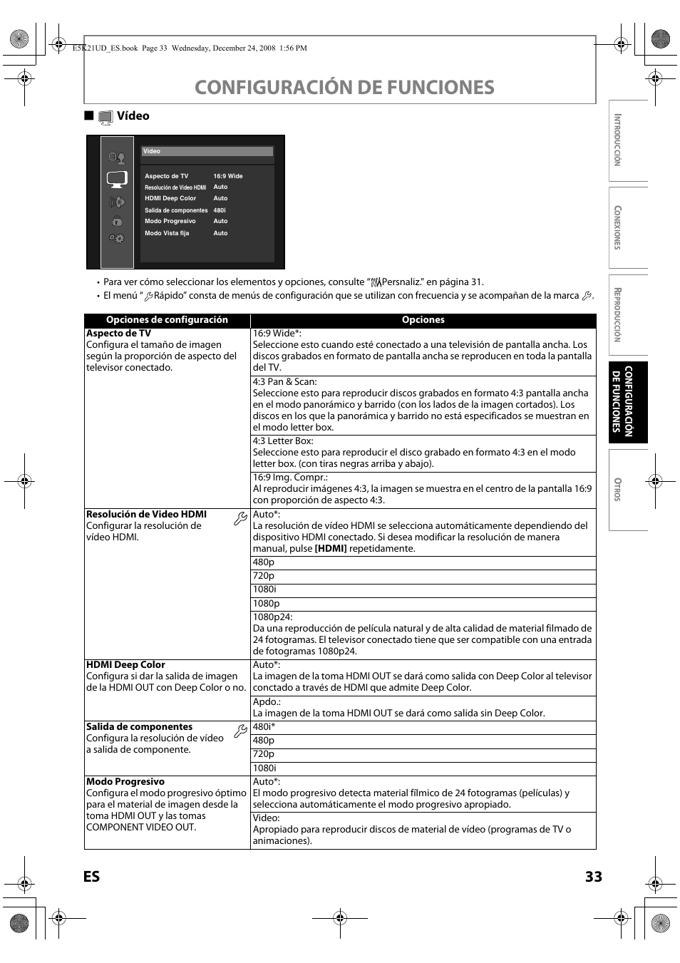 Vídeo, Configuración de funciones, 33 es | Svídeo | FUNAI Blu-ray NB531MGX User Manual | Page 135 / 150
