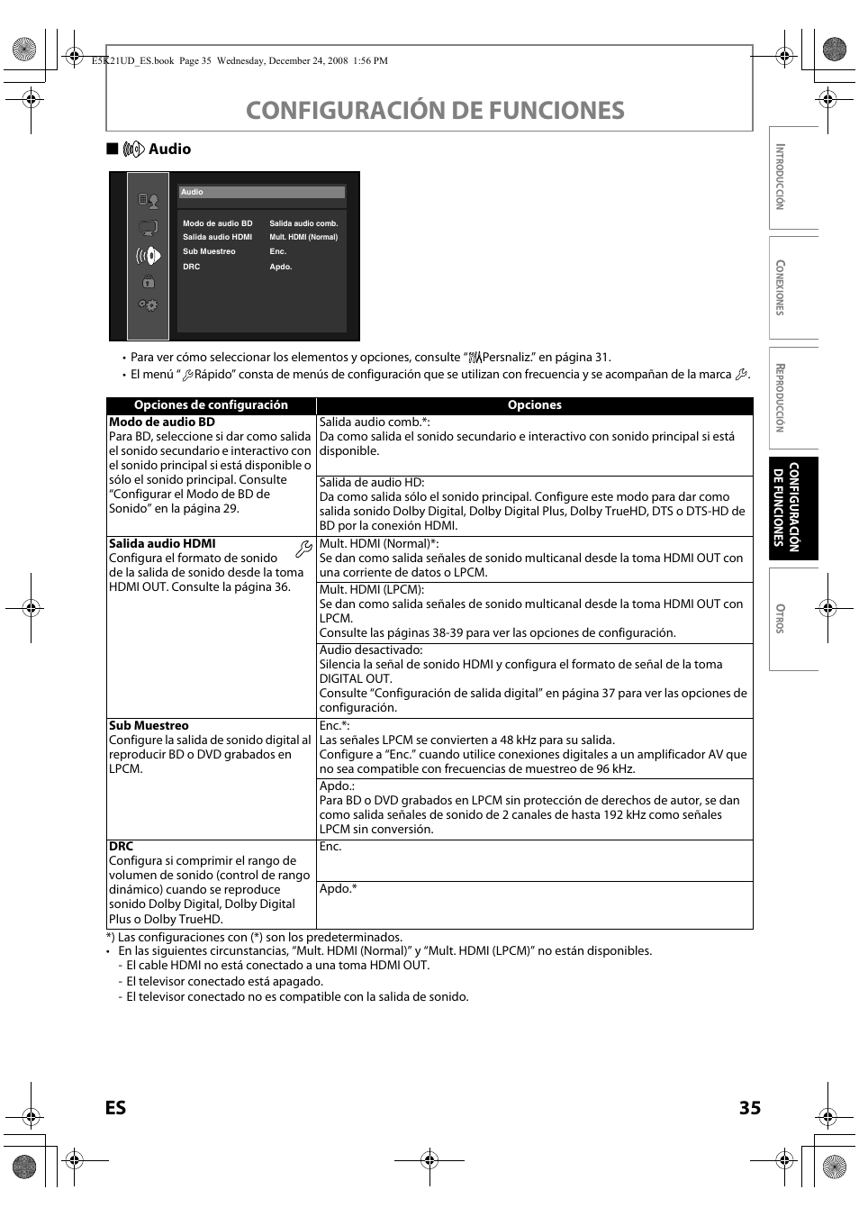 Audio, Para configurar el “salida audio hdmi” consulte, Configuración de funciones | 35 es, Saudio | FUNAI Blu-ray NB531MGX User Manual | Page 137 / 150