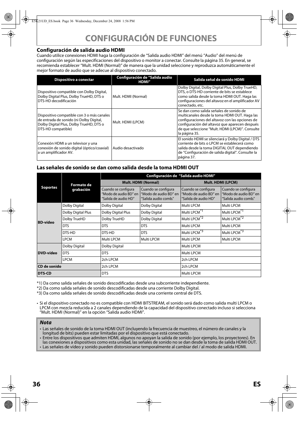 Sulte “las señales de sonido se dan como salida, Configuración de funciones, 36 es | Configuración de salida audio hdmi, Nota | FUNAI Blu-ray NB531MGX User Manual | Page 138 / 150