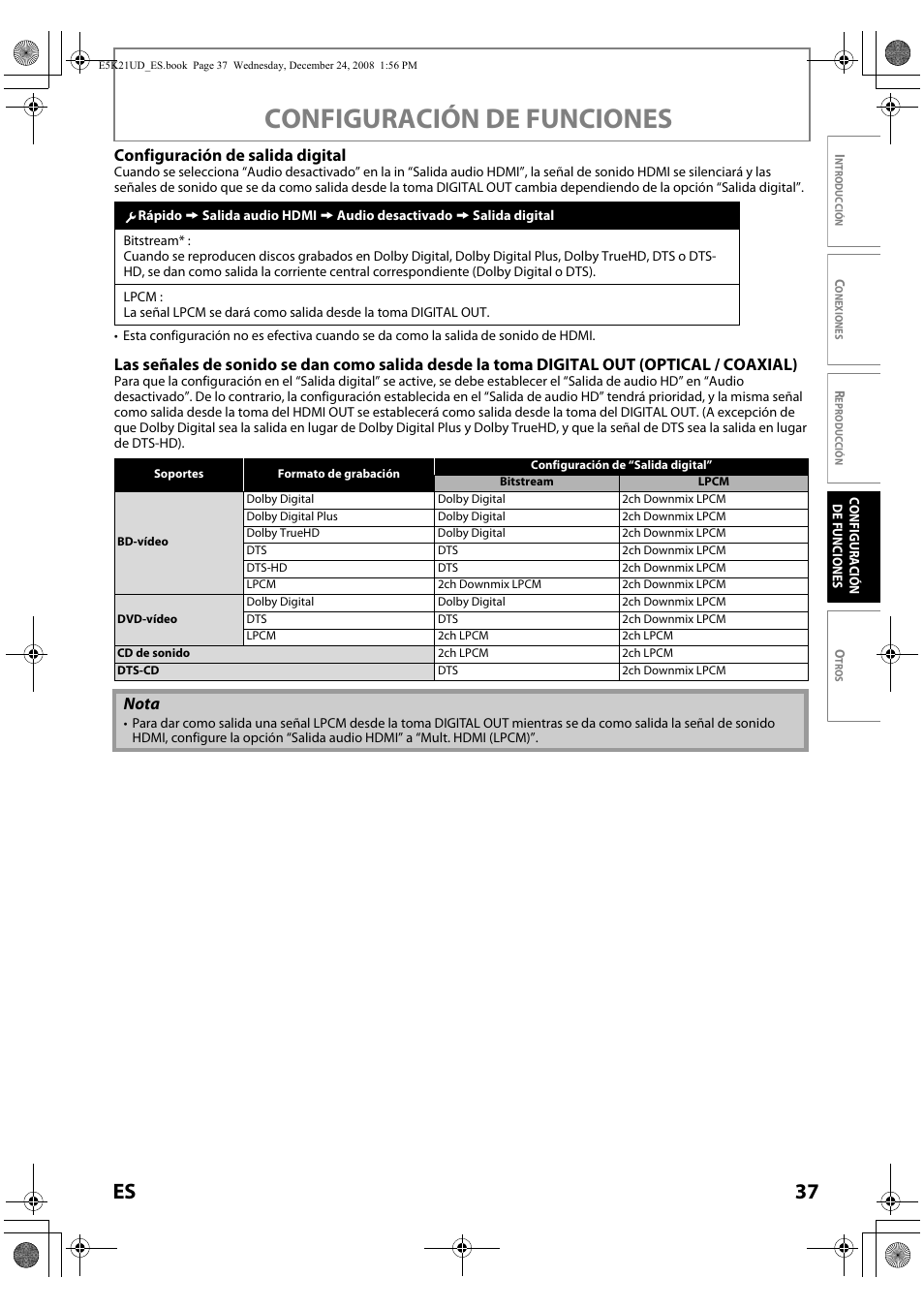 Configuración de funciones, 37 es, Configuración de salida digital | Nota | FUNAI Blu-ray NB531MGX User Manual | Page 139 / 150