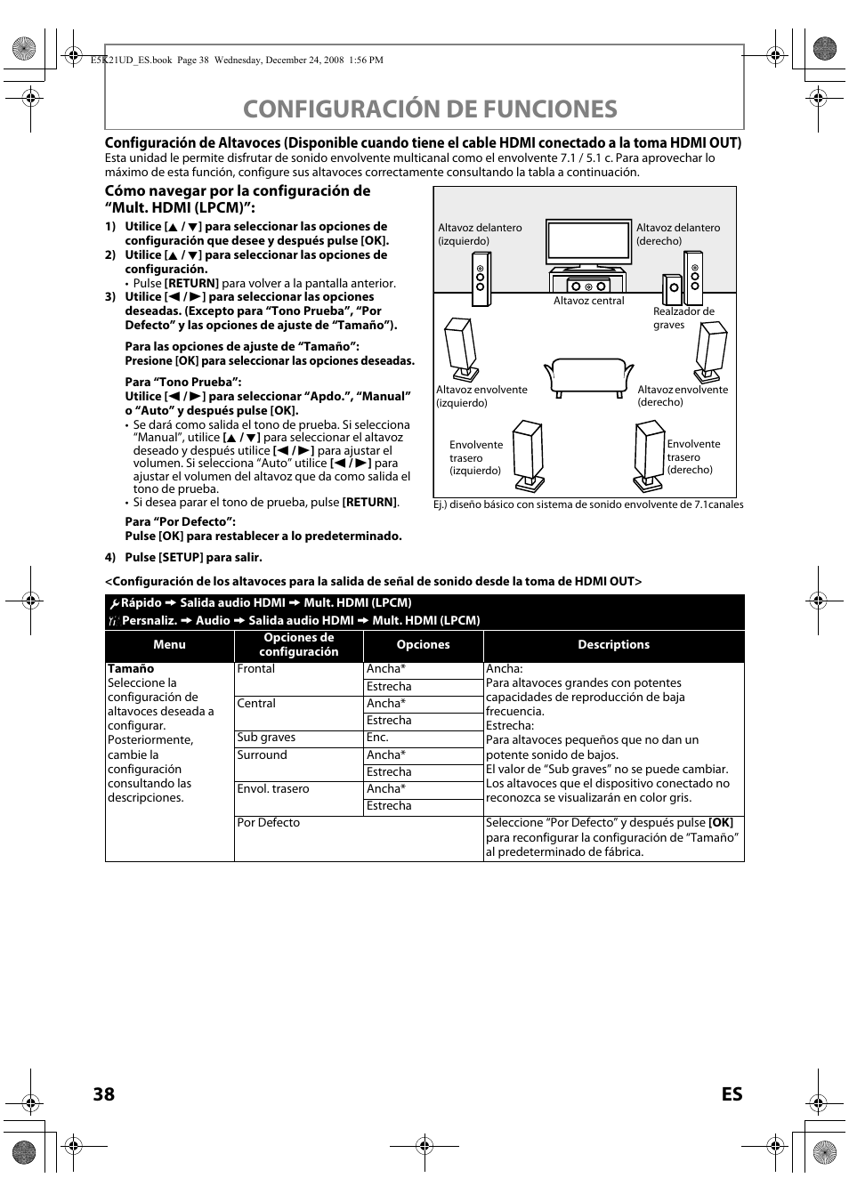 Ginas 38-39 pa, Configuración de funciones, 38 es | FUNAI Blu-ray NB531MGX User Manual | Page 140 / 150