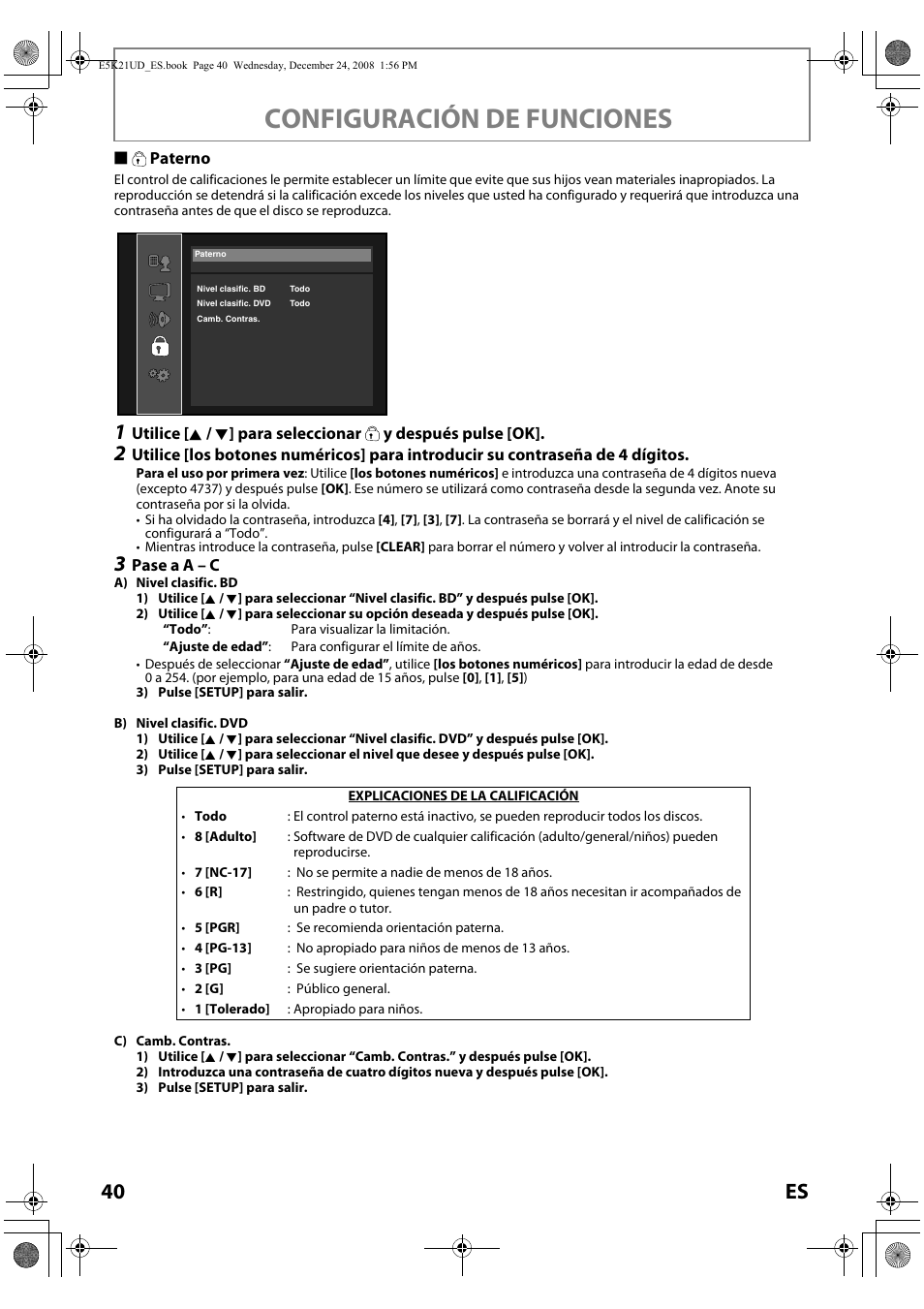 Paterno, Configuración de funciones, 40 es | FUNAI Blu-ray NB531MGX User Manual | Page 142 / 150