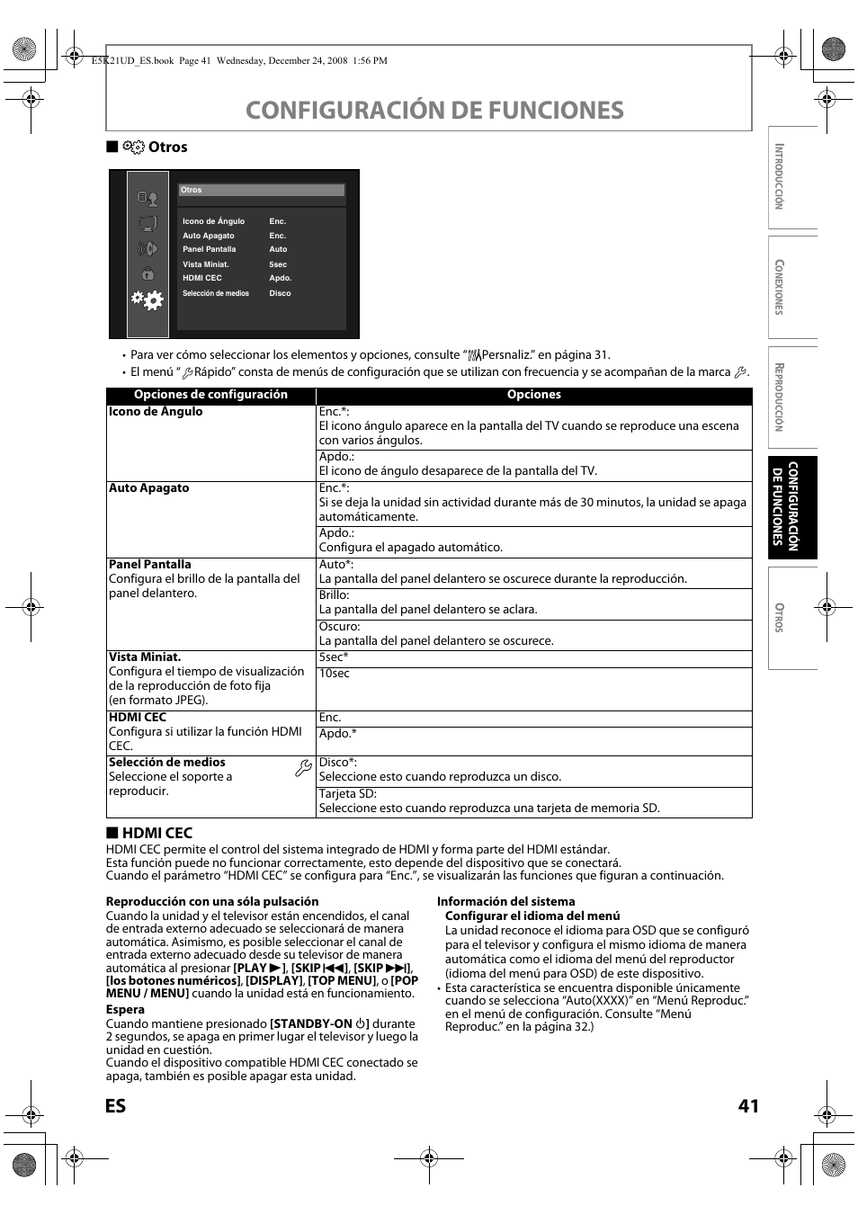 Otros, Consulte la, Configuración de funciones | 41 es, Sotros, S hdmi cec | FUNAI Blu-ray NB531MGX User Manual | Page 143 / 150