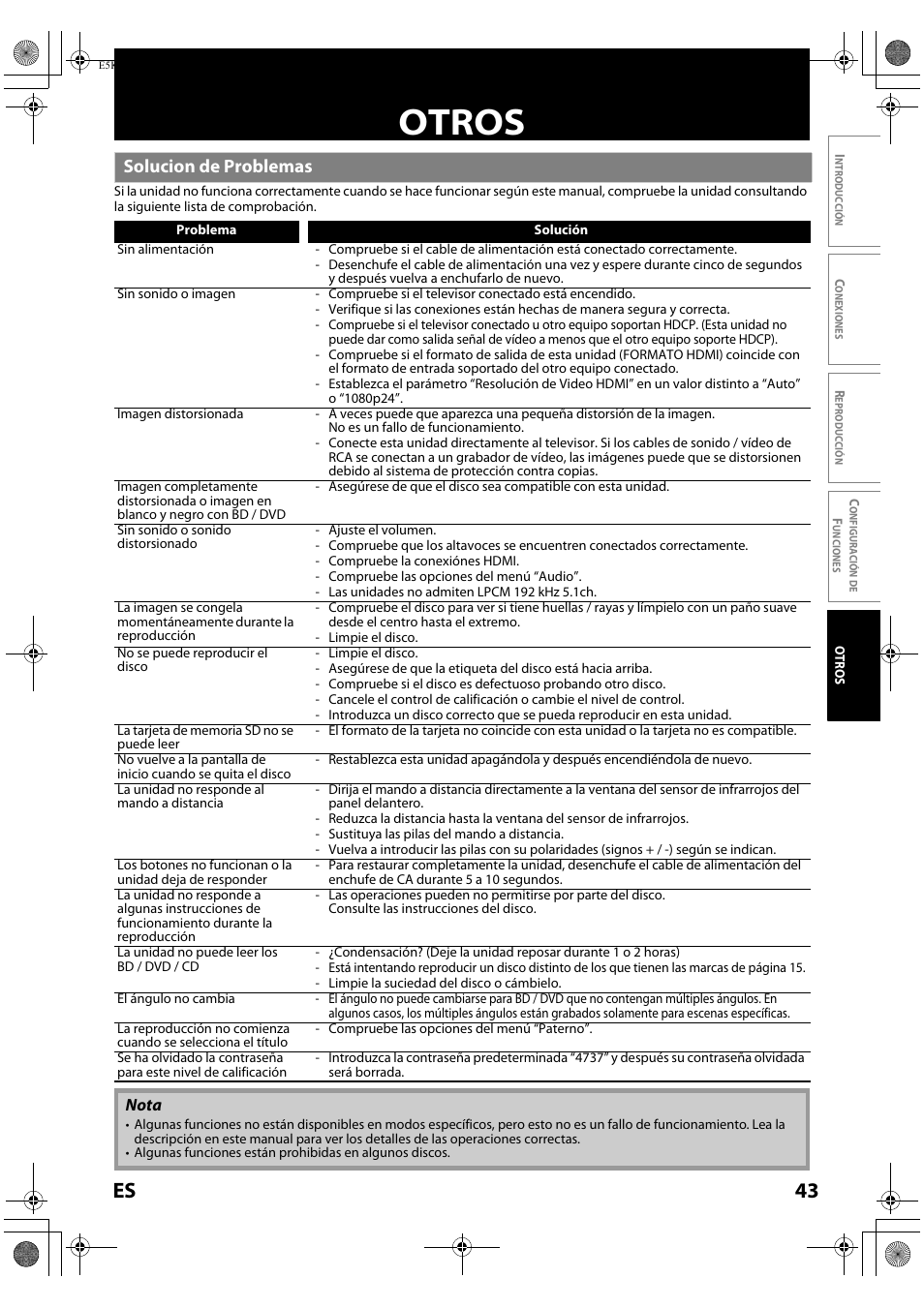 Otros, Solucion de problemas, 43 es | FUNAI Blu-ray NB531MGX User Manual | Page 145 / 150