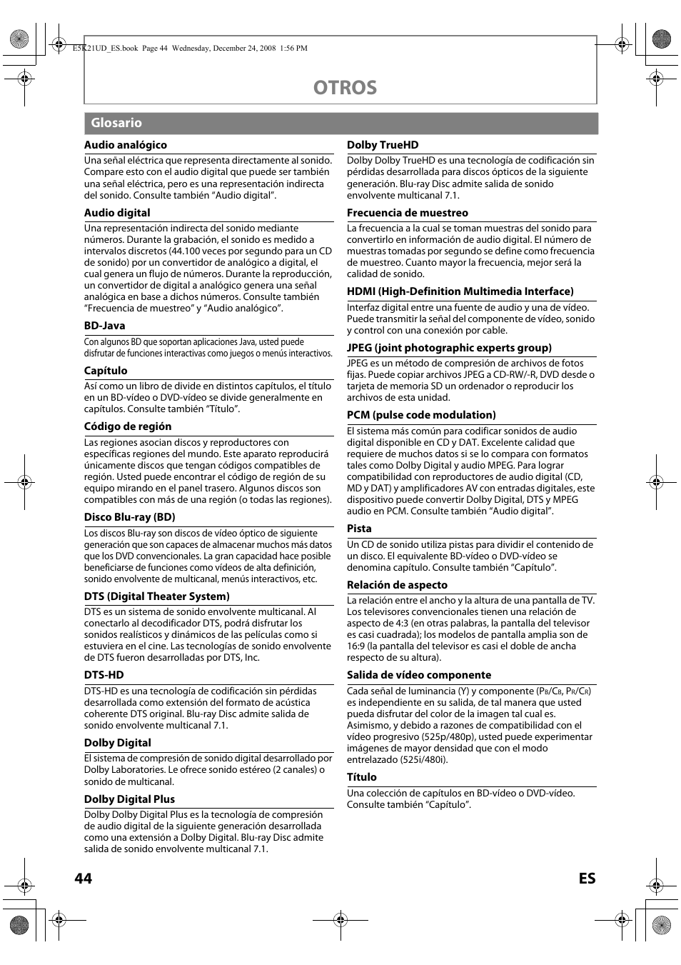Glosario, Otros, 44 es | FUNAI Blu-ray NB531MGX User Manual | Page 146 / 150