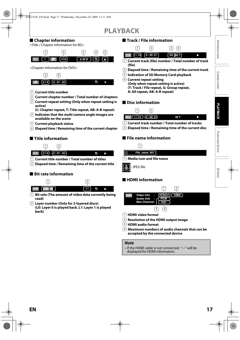 Playback, 17 en, S chapter information | S hdmi information | FUNAI Blu-ray NB531MGX User Manual | Page 19 / 150