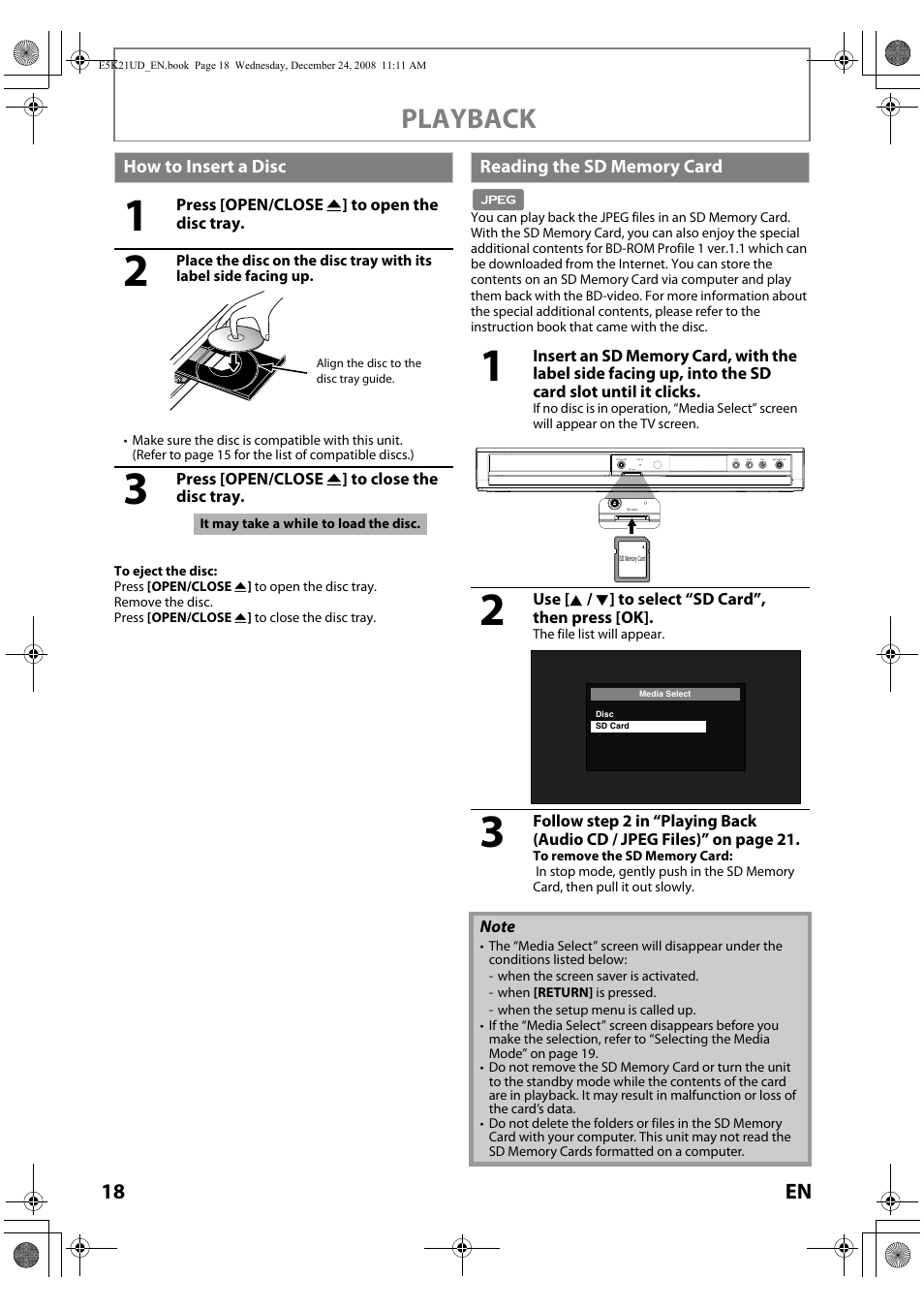 How to insert a disc reading the sd memory card, Playback, 18 en | FUNAI Blu-ray NB531MGX User Manual | Page 20 / 150