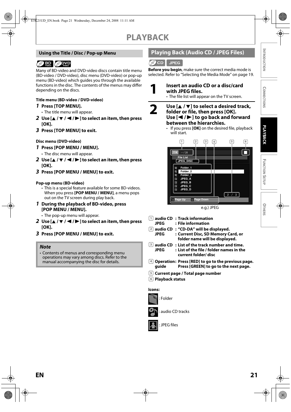 Playing back (audio cd / jpeg files), Playback, 21 en | FUNAI Blu-ray NB531MGX User Manual | Page 23 / 150
