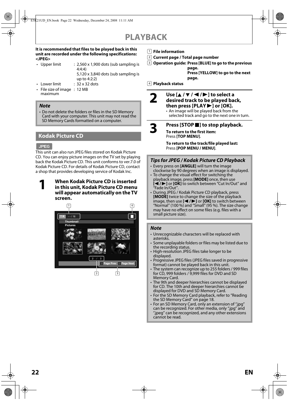 Kodak picture cd, Playback, 22 en | FUNAI Blu-ray NB531MGX User Manual | Page 24 / 150