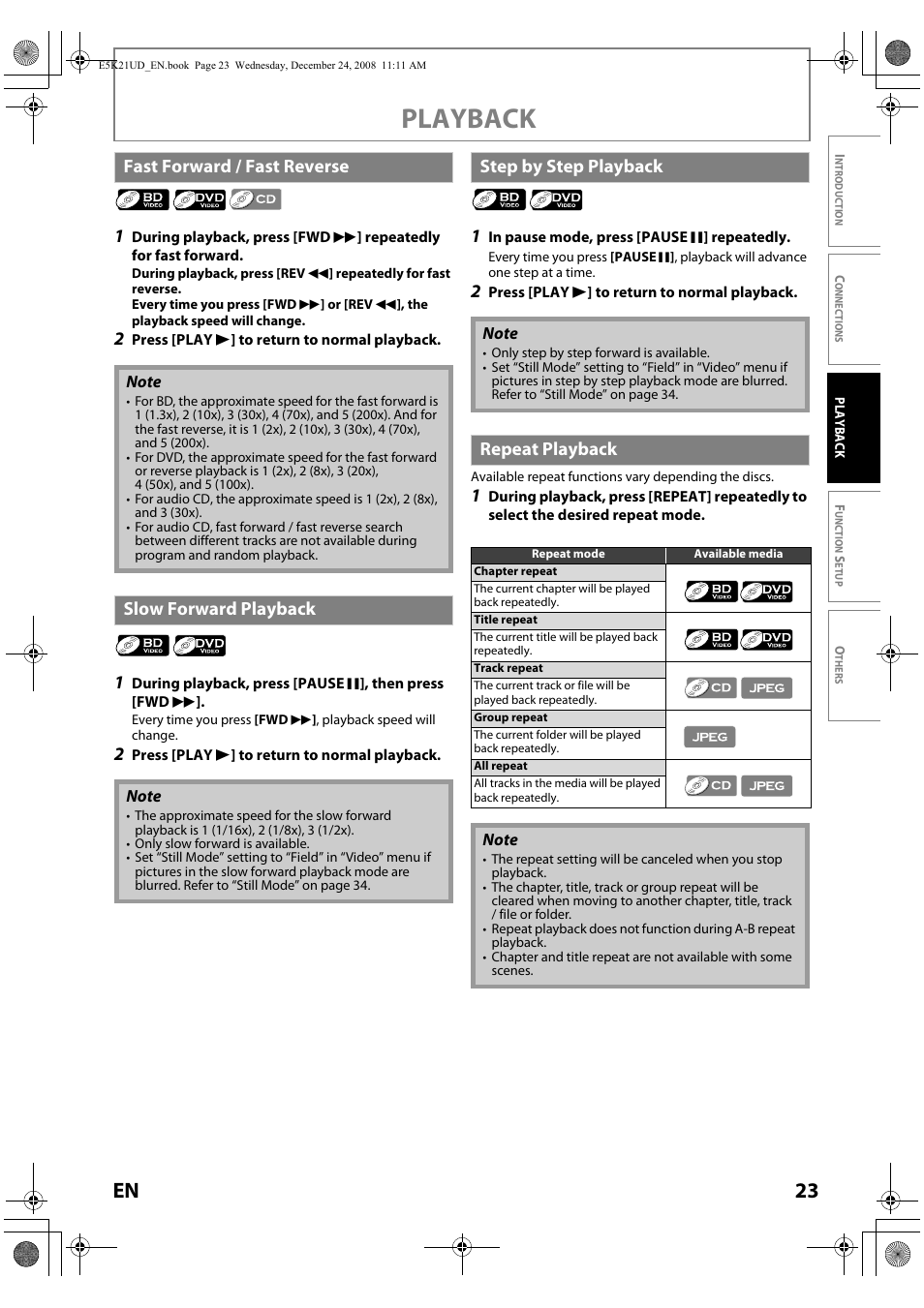 Playback, 23 en, Fast forward / fast reverse | Slow forward playback, Step by step playback, Repeat playback | FUNAI Blu-ray NB531MGX User Manual | Page 25 / 150