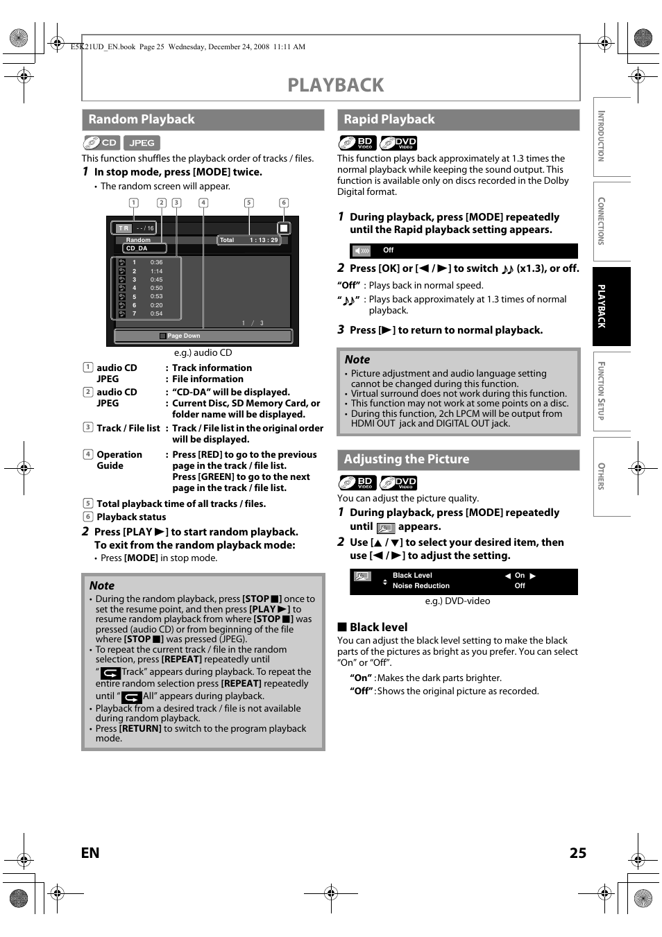 Playback, 25 en, Random playback | Rapid playback, Adjusting the picture, S black level | FUNAI Blu-ray NB531MGX User Manual | Page 27 / 150