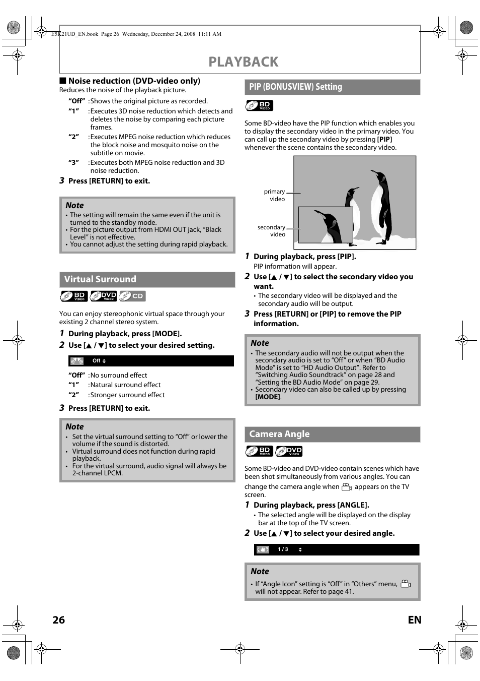 Playback, 26 en, Virtual surround | Pi p (bonusview) setting, Camera angle | FUNAI Blu-ray NB531MGX User Manual | Page 28 / 150