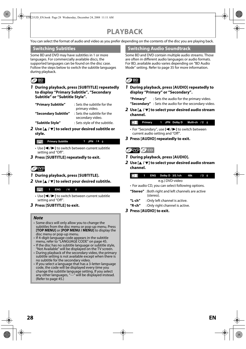 Switching subtitles switching audio soundtrack, Playback, 28 en | Switching subtitles, Switching audio soundtrack | FUNAI Blu-ray NB531MGX User Manual | Page 30 / 150
