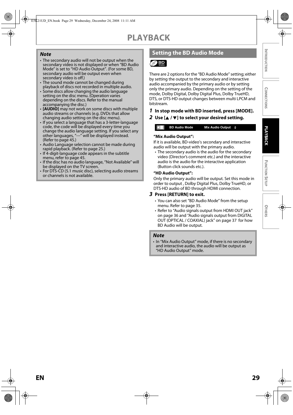 Setting the bd audio mode, Playback, 29 en | FUNAI Blu-ray NB531MGX User Manual | Page 31 / 150