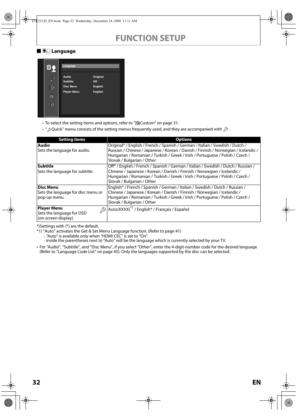 Language, Function setup, 32 en | Slanguage | FUNAI Blu-ray NB531MGX User Manual | Page 34 / 150