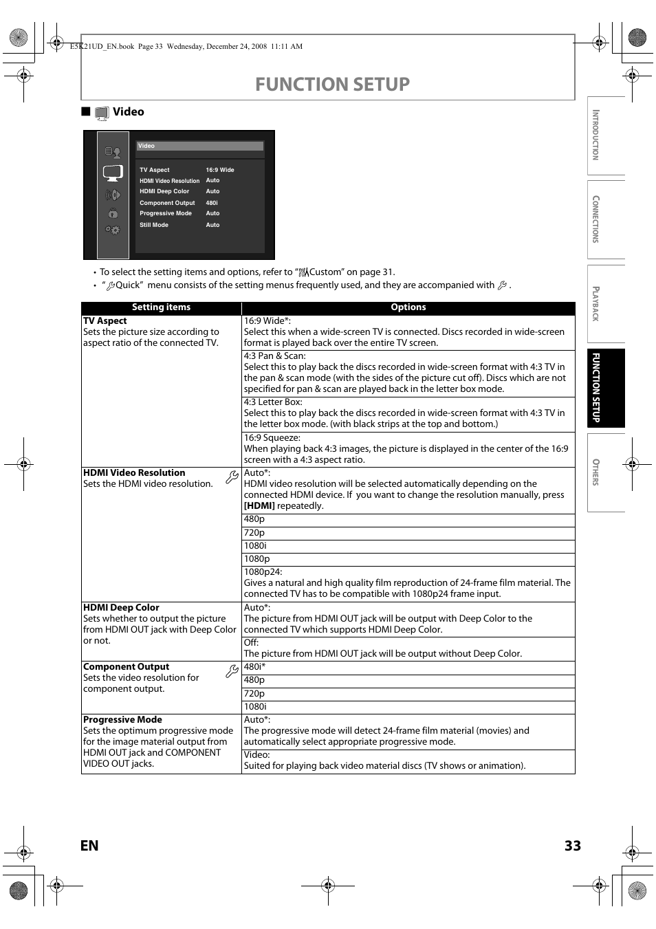 Video, Function setup, 33 en | Svideo | FUNAI Blu-ray NB531MGX User Manual | Page 35 / 150