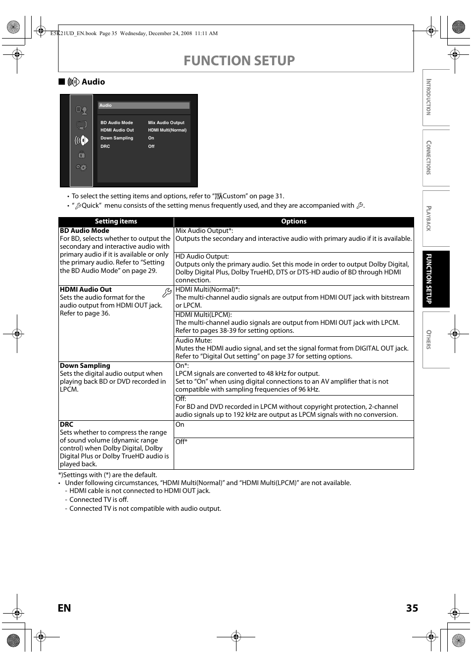Audio, Hdmi audio out, D 35 | Function setup, 35 en, Saudio | FUNAI Blu-ray NB531MGX User Manual | Page 37 / 150