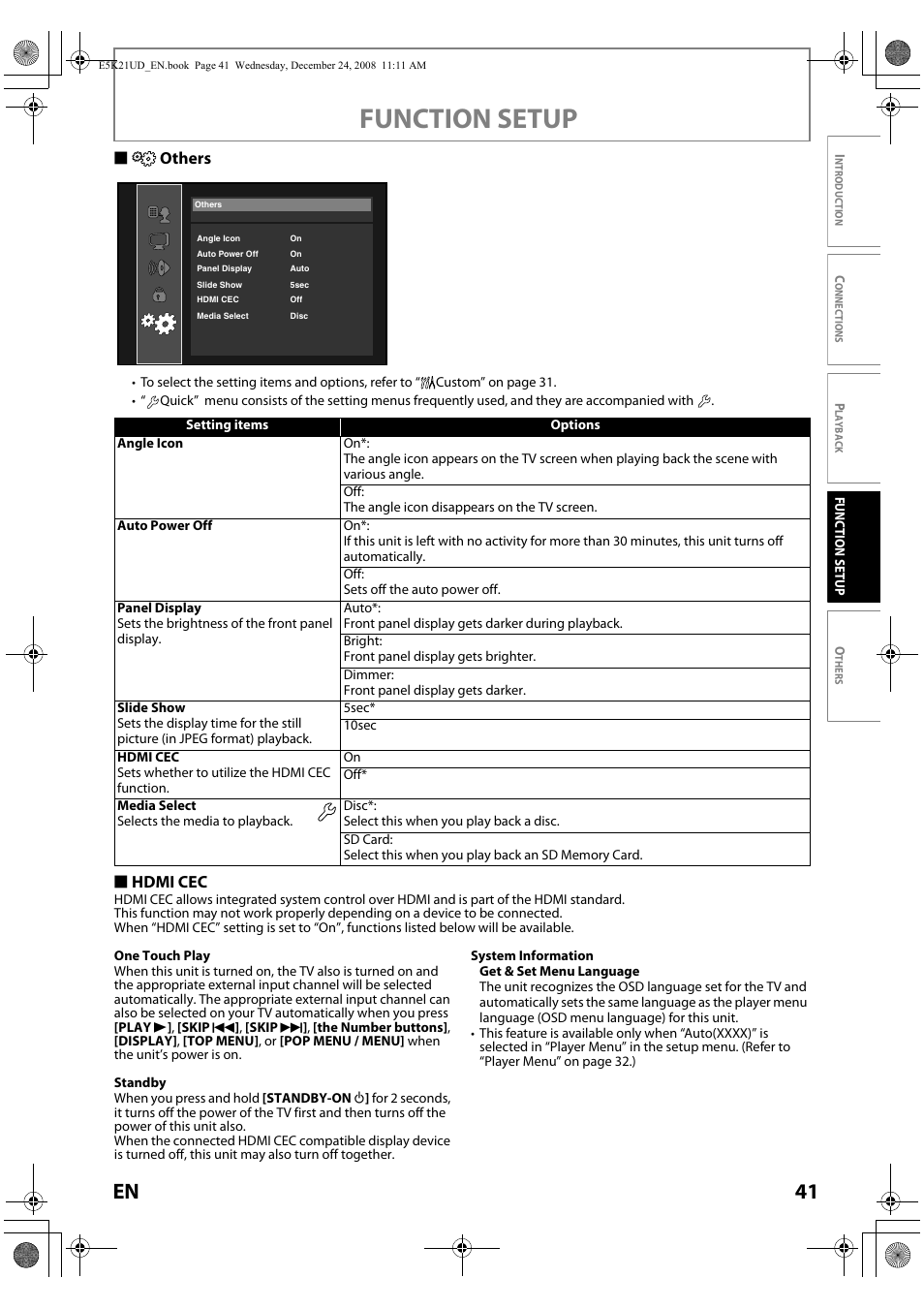 Others, Function setup, 41 en | Sothers, S hdmi cec | FUNAI Blu-ray NB531MGX User Manual | Page 43 / 150