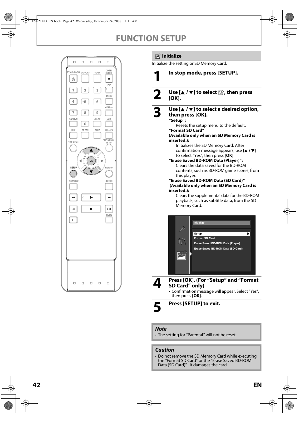 Initialize, Function setup, 42 en | FUNAI Blu-ray NB531MGX User Manual | Page 44 / 150