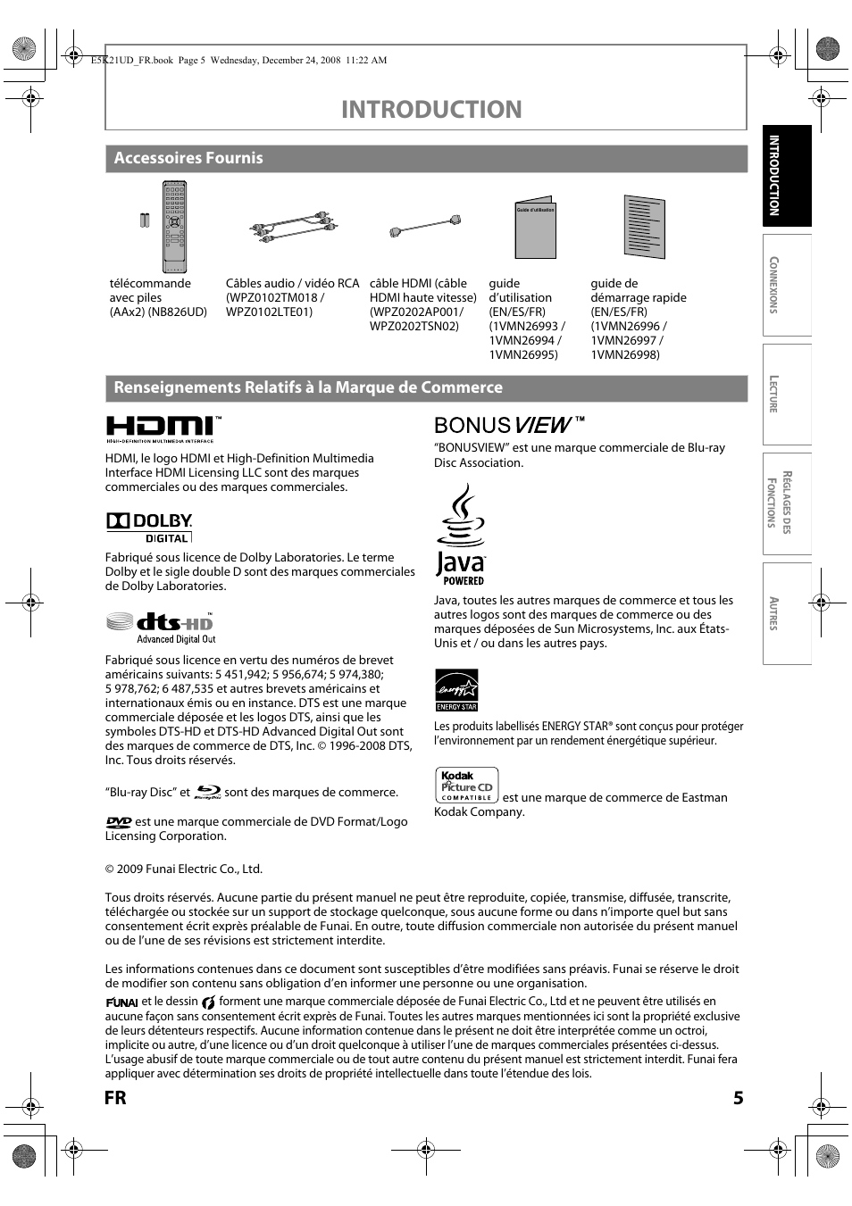 Introduction, Accessoires fournis, Renseignements relatifs à la marque de commerce | FUNAI Blu-ray NB531MGX User Manual | Page 57 / 150