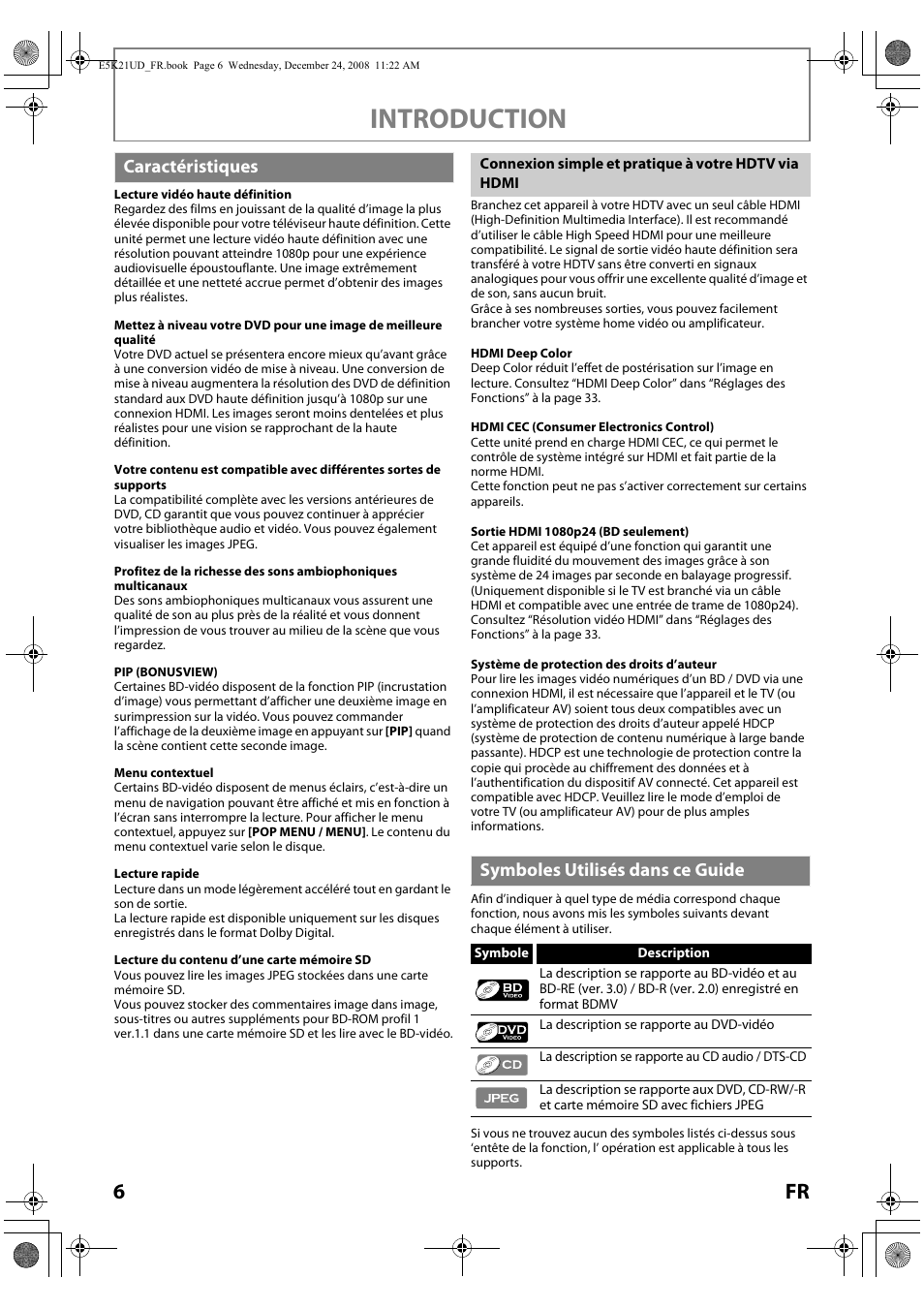 Caractéristiques symboles utilisés dans ce guide, Introduction, Caractéristiques | Symboles utilisés dans ce guide | FUNAI Blu-ray NB531MGX User Manual | Page 58 / 150