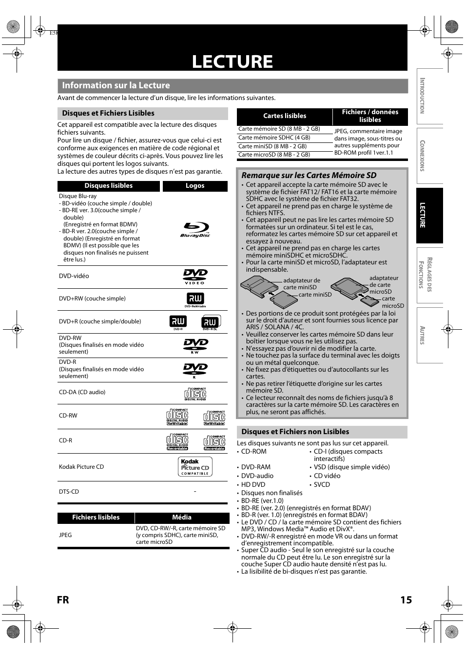 Lecture, Information sur la lecture, 15 fr | Remarque sur les cartes mémoire sd | FUNAI Blu-ray NB531MGX User Manual | Page 67 / 150